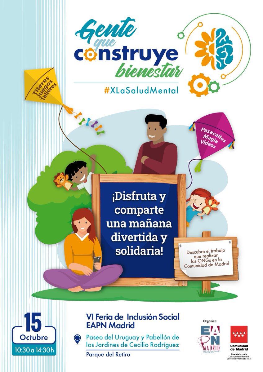 EAPNMadrid's tweet photo. ¡No te lo pierdas! Celebramos la VI Feria de Inclusión Social EAPN Madrid #XLaSaludMental
https://t.co/kNiXA4vYVe
Estará llena de sorpresas ¿quieres acompañarnos?
🎯Pabellón de los Jardines de Cecilio Rodríguez del 
 Parque El Retiro
🗓️15 de octubre 
⏰ 10.30 a 14:30 h https://t.co/4rkW954Sw7