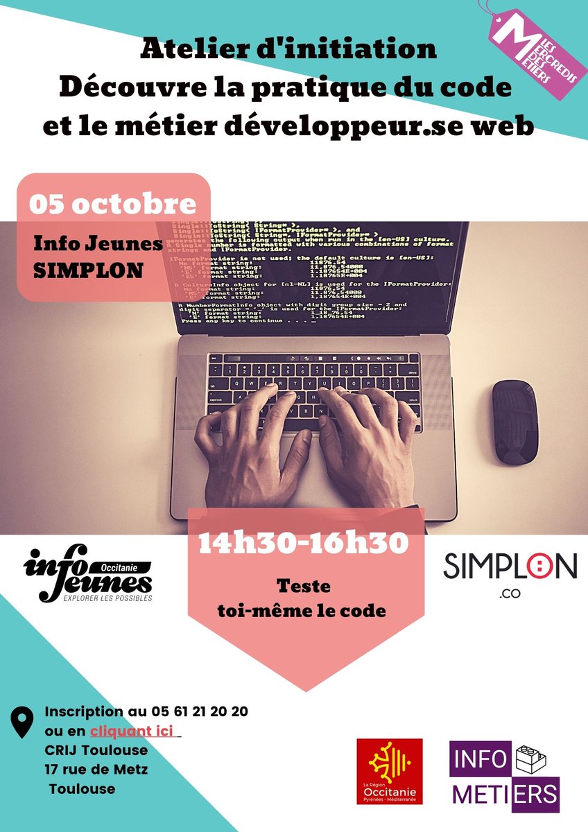 Les Mercredis des Métiers font leur rentrée !

Et pour ce mois d'octobre @crijtoulouse accueille  <a href="/simplonco/">ok</a> qui présentera le métier de developpeur.se Web avec la présence de professionnel.le.s.

Pour tout savoir : crij.org/fr/evenement/c…

<a href="/Occitanie/">Région Occitanie</a> @Poleemploi_oc