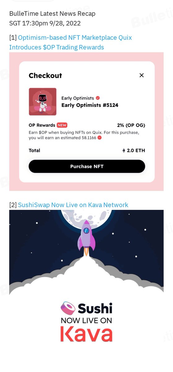 bulletimexyz's tweet photo. 🔥Latest News Highlights🔥
1⃣Optimism-based NFT Marketplace Quix Introduces $OP Trading Rewards.
2⃣SushiSwap Now Live on Kava Network.
3⃣BoringDAO Launches Bridge Aggregator.
Full Recap: 👉https://t.co/vldLYLbH6M
#Bulletime #ETHMerge #nfts https://t.co/eAEBYxO9P6