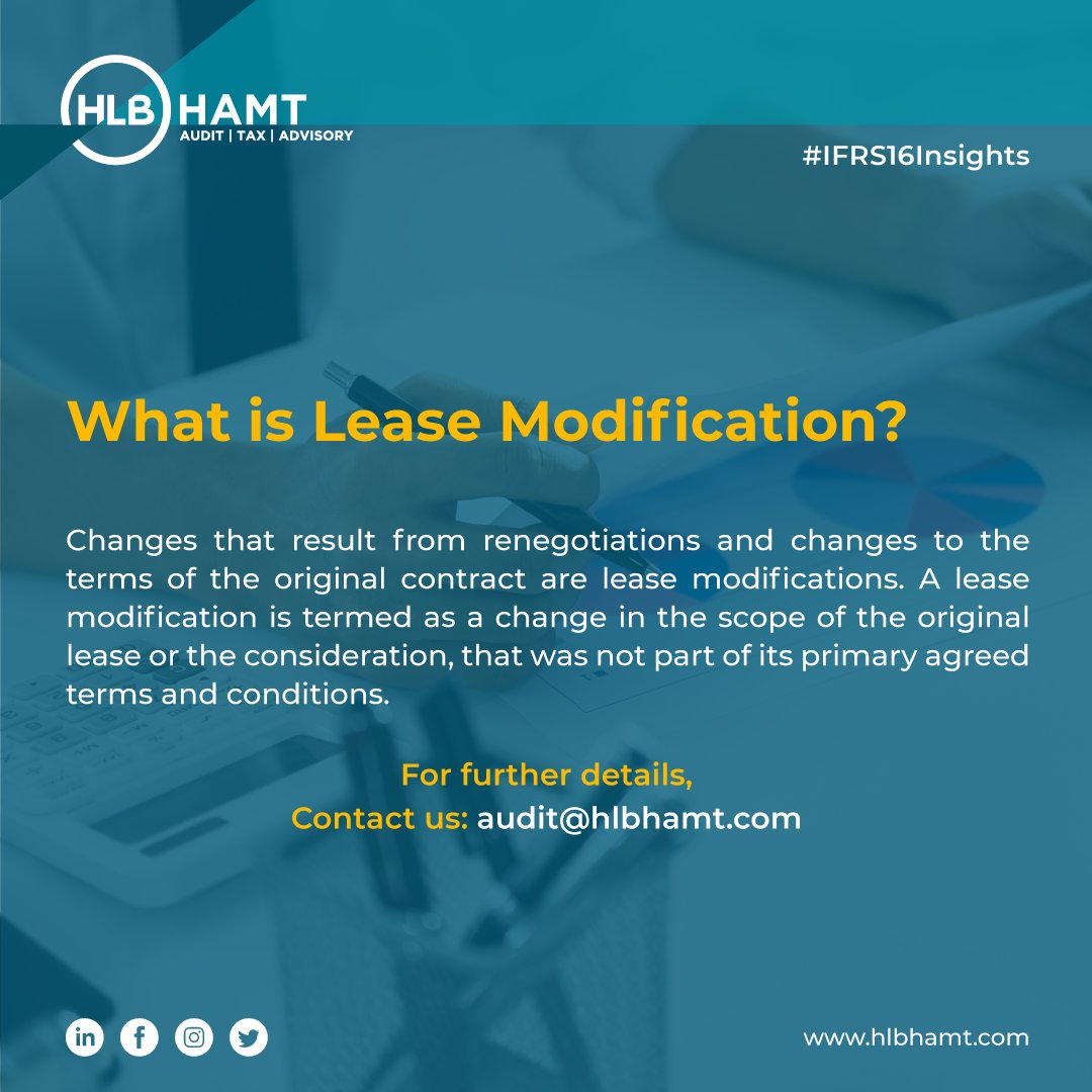 HLB_Hamt's tweet photo. A lease modification is an alteration to a lease's duration that was not included in the lease's initial contractual terms.
For more information, please contact us at audit@hlbhamt.com
#Audit #IFRS #IFRS16 #LeaseModification #FinancialReportingStandard #Audit #HLBHAMT #UAE https://t.co/wRFl11WdDB