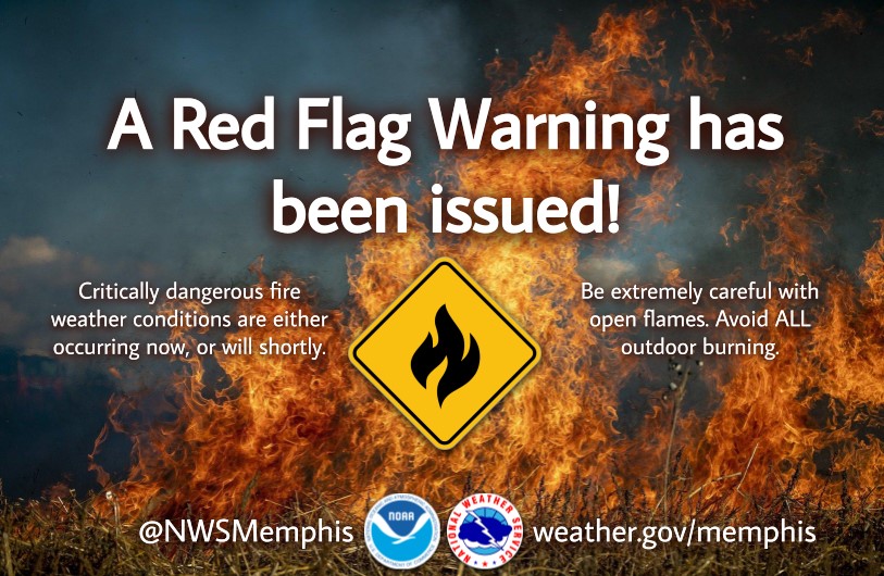 A Red Flag warning has been issued for all of north Mississippi and portions of west Tennessee and east Arkansas.  #MSWx #ARWx #MOWx #TNWx #MidsouthWx