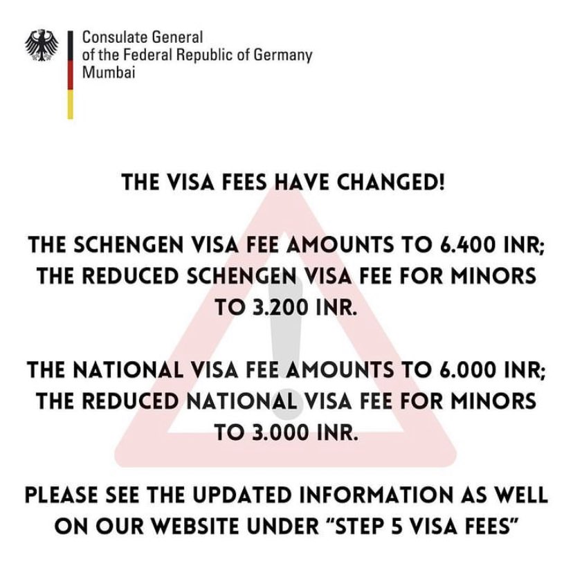 GermanyinMumbai's tweet photo. ❗️Important message from our visa section: the Visa Fees for Schengen and National Visa have changed. For further queries check our website and contact visa@mumb.diplo.de https://t.co/CuaO3Azbfj