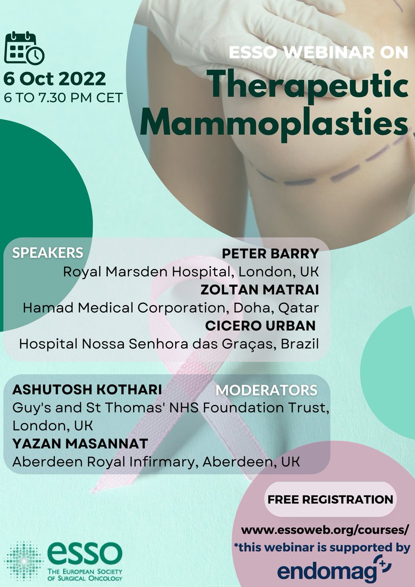 ESSOnews's tweet photo. #breastwebinar
Join us next week for a 🆓webinar on #Therapeutic #Mammoplasties
🗓️6 Oct 2022
⏰6 pm CET
https://t.co/vTLuLXlmrI
🎓@cicero_urban @YMasannat Ashutosh Kothari, Zoltan Matrai, Peter Barry
@BreastMe4 @BreastCancer_UK @sbco_oficial @BASO_ACS @operarelcancer @endomag https://t.co/w67r5zxmt8