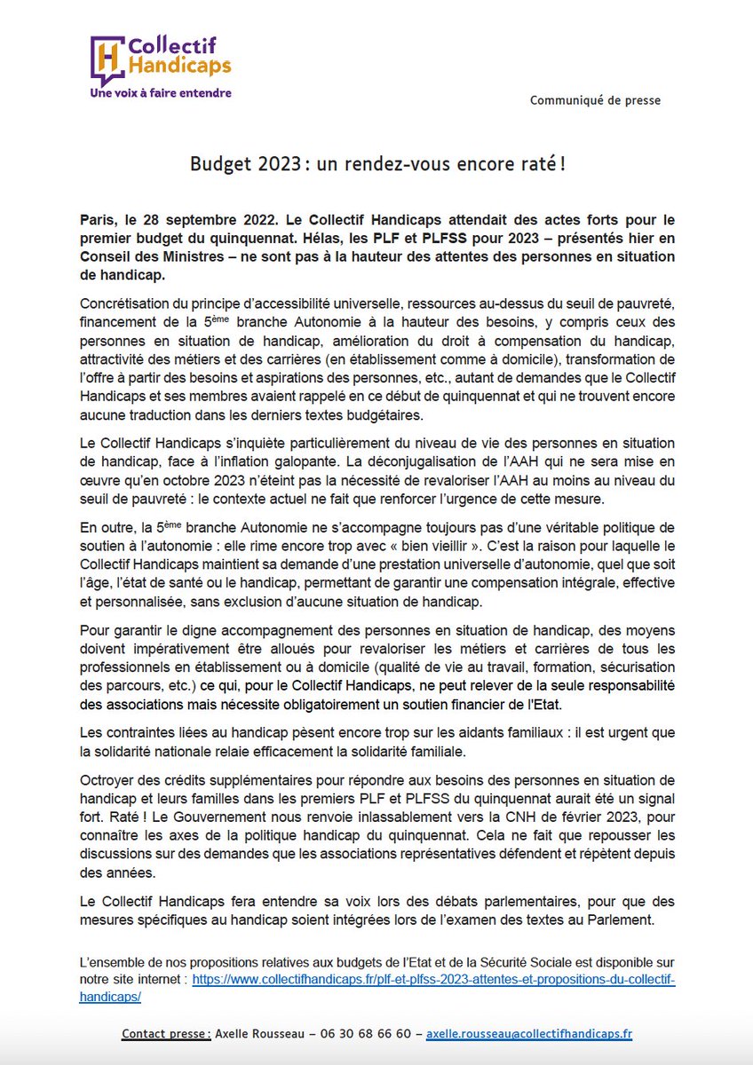 Nous attendions des actes forts pour le premier budget du quinquennat. Hélas, les PLF et PLFSS pour 2023 ne sont pas à la hauteur des attentes des personnes en situation de #handicap ! Nous ferons entendre nos voix !
➡️​ Lire le communiqué du <a href="/CHandicaps/">Collectif Handicaps</a> : bit.ly/3y1kaAG