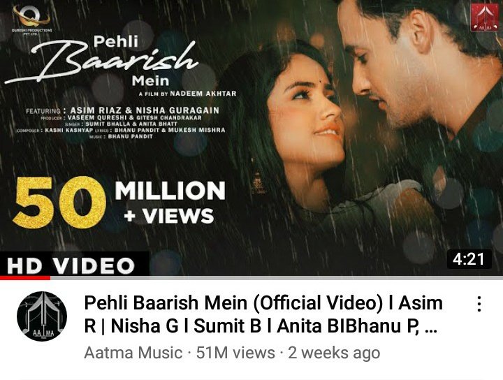 Congratulations #AsimRiaz 💙

 Yet Another Song In 51M+ Club 🔥 Astonishing Achievement🤩

This is @imrealasim 6th Song To Cross 51M+Views Only 2 Weeks

Yet it will cross the 60 million mark. 

#PheliBaarishMein #AsimSquad @Qureshiproduct1 @ColorsTV @vaseemqureshii #BiggBoss16