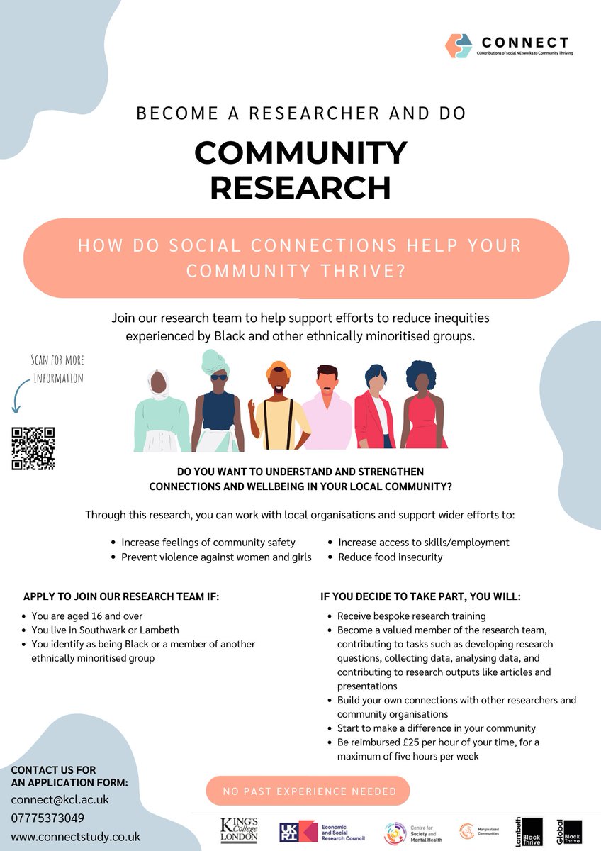 We are looking for peer/community researchers to join the CONNECT + <a href="/BlackThriveLbth/">Black Thrive Lambeth</a> research team to help support efforts to reduce inequities experienced by Black and other ethnically minoritised groups!