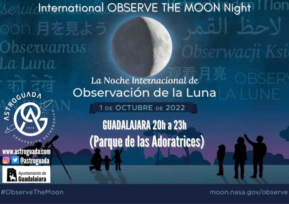 🌓Este sábado, 1 de octubre, no te pierdas una sesión de observación de la luna de la mano de <a href="/astroguada/">astroguada</a>  y con el apoyo de <a href="/GuadalajaraAyto/">Ayuntamiento de Guadalajara</a> 

🕧De 20.00 a 23.00 horas

🌲Parque de Adoratrices

#internationalobservethemoonnight