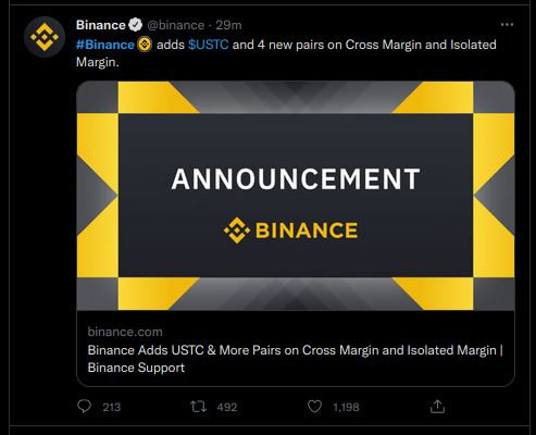 UstcWhale's tweet photo. #Binance adds $USTC pairs!π
@cz_binance hey CZ, hopefully your team didn't forget to burn #USTC on $USTC pair fees!π
#USTCBurn #USTCRecovery https://t.co/FFluai0OX4