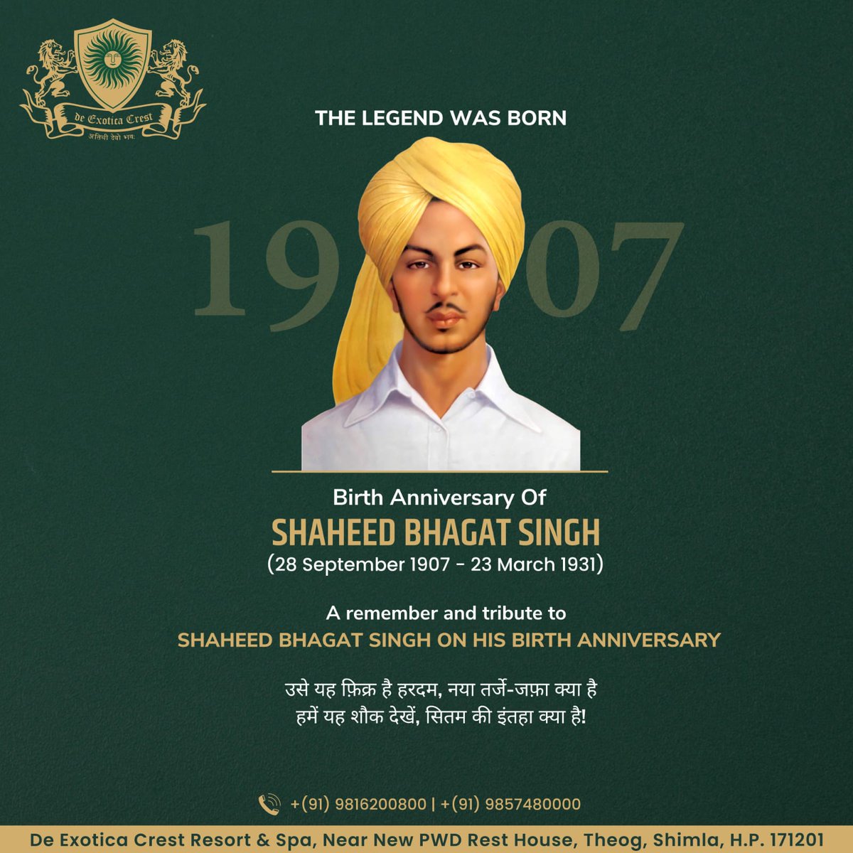 deexoticacrest's tweet photo. Remembers &amp; pays tribute to #ShaheedBhagatSingh on his birth anniversary.
⁣ ⁣⁣
.⁣⁣
.⁣⁣
.⁣⁣
 #bhagatsinghbirthanniversary #inquilabzindabad  #bhagatsinghlegend #bhagatsinghjayanti #deexoticacrestresort #deluxerooms #DestinationWedding #hotelshimla #hotelinshimla https://t.co/0EenbbIR0l