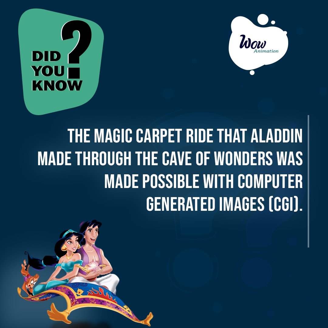 AnimationWow's tweet photo. Did You Know? The magic carpet ride that Aladdin made through the Cave of Wonders was made possible with computer-generated images (CGI).
#didyouknow #facts #animationfact #animation #factsdaily #Animatedfilm #amazingfacts #knowledgeispower #factz #funfacts #wowanimationstudio https://t.co/D1kv0bQkdG