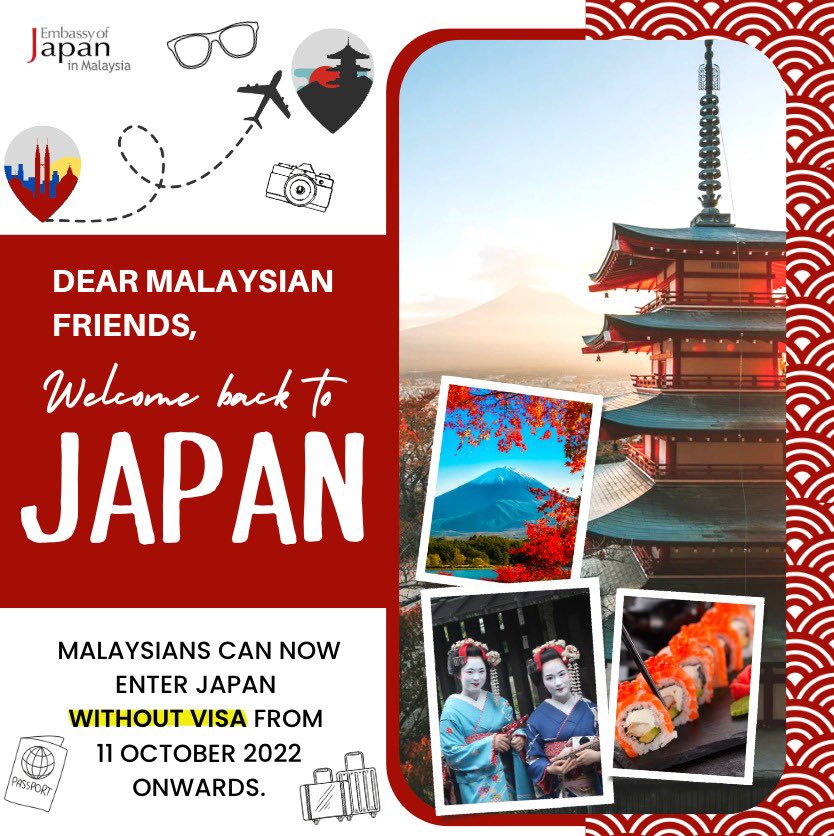 Dear Malaysian friends, new announcement was made from Japan 🇯🇵 that from 11th of October onwards, Malaysians can enter Japan without visas❗️Please check Embassy website and/or Facebook. Thank you for waiting and now it’s time to go! facebook.com/JapaninMalaysi…