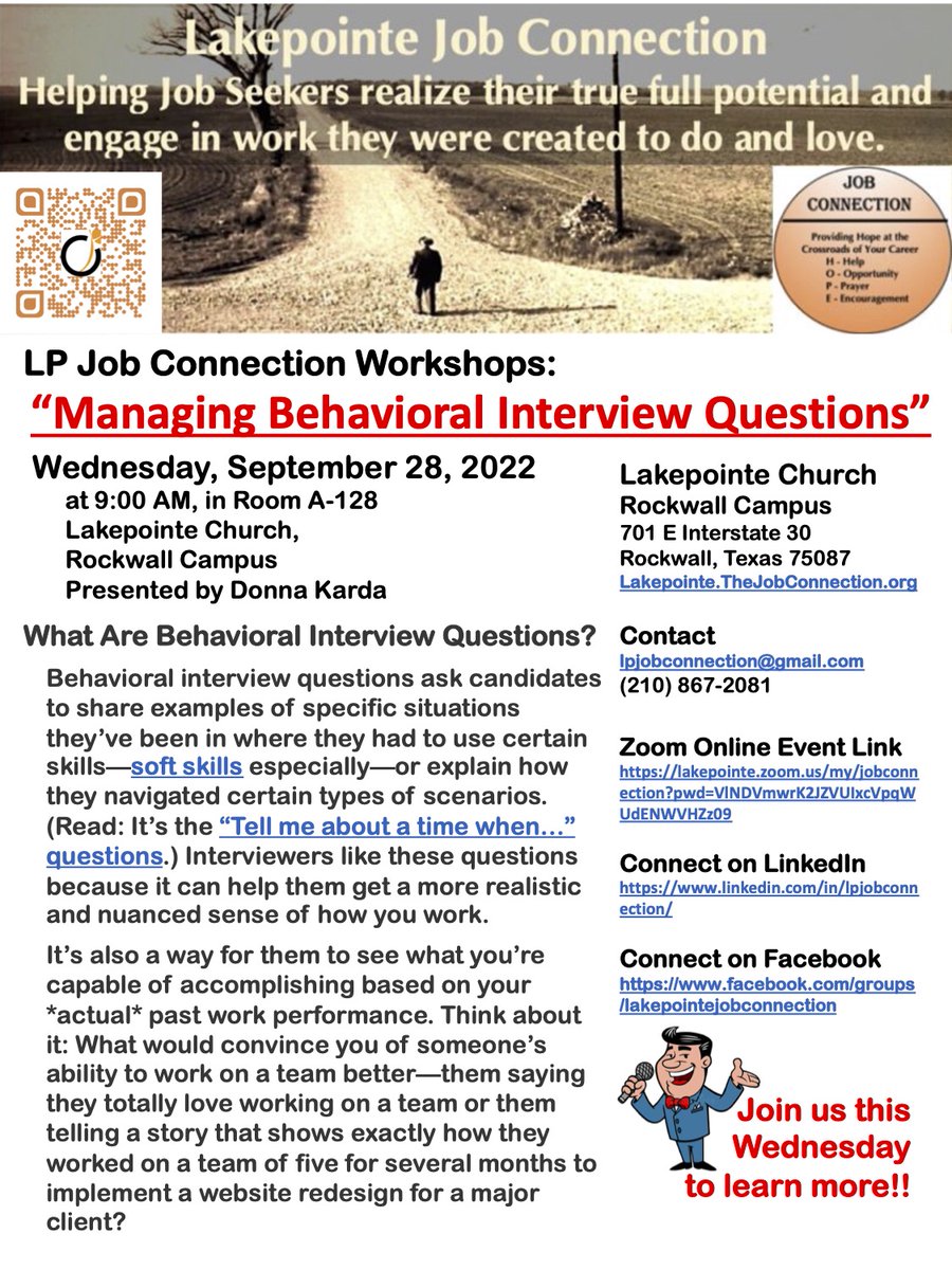 lpjobconnection's tweet photo. LP Job Connection Workshops:
“Managing Behavioral Interview Questions”
Wednesday, September 28, 2022
AT 9:00 AM, IN ROOM A-128
LAKEPOINTE CHURCH,
ROCKWALL CAMPUS
CONTACT
LPJOBCONNECTION@GMAIL.COM OR CALL (210) 867-2081
CONNECT ON LINKEDIN
https://t.co/YldPruvzC9 https://t.co/zkEEAYqfAD