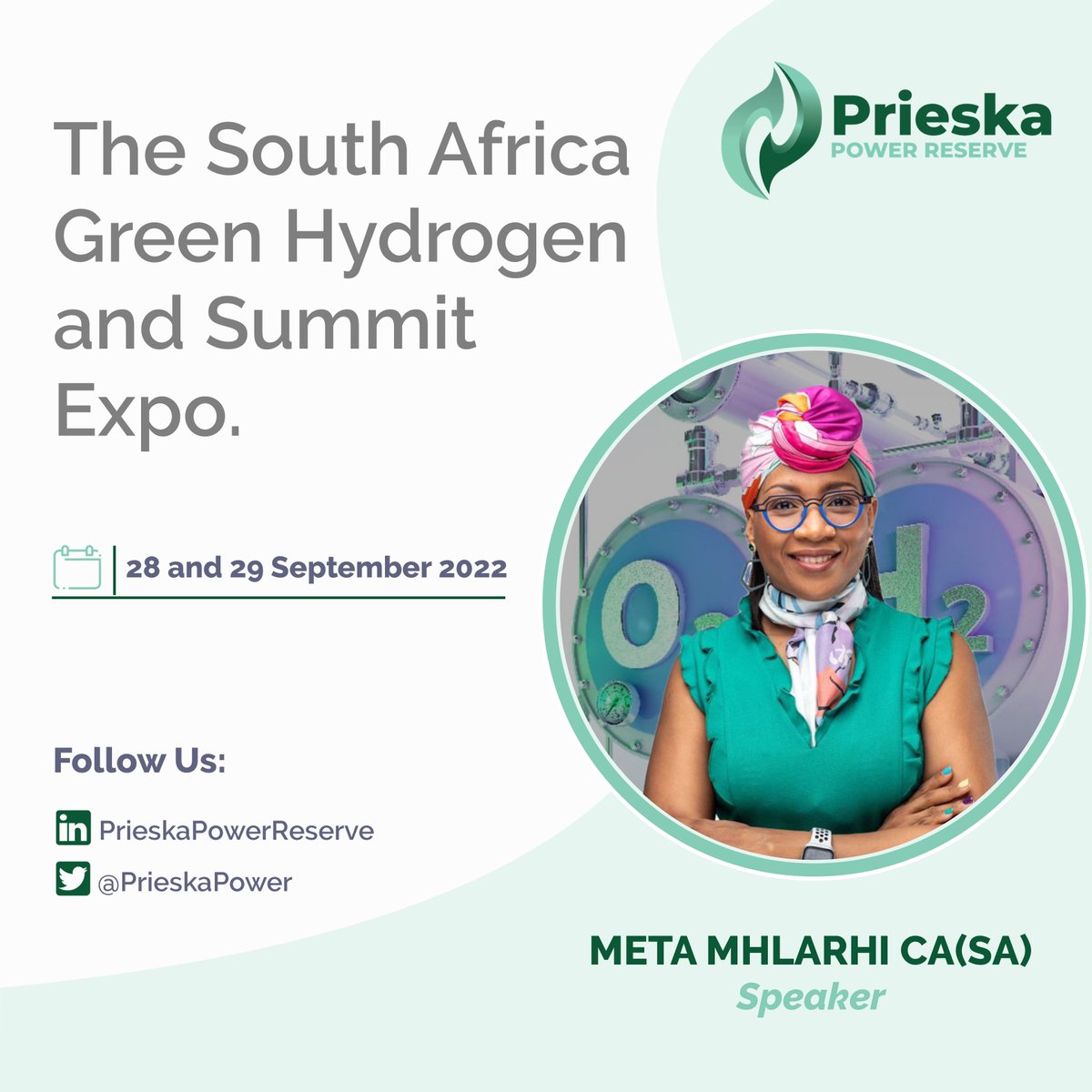 Our director <a href="/metamaponya/">Meta Maponya Mhlarhi</a> will be speaking at the Hydrogen-Africa Conference &amp; Expo today in Sandton. She will engage on "Driving Green Hydrogen in Africa Through Investment, Innovation, and Technology." More engagements will be on the <a href="/PrieskaPower/">Prieska Power Reserve</a> project. #greenhydrogen