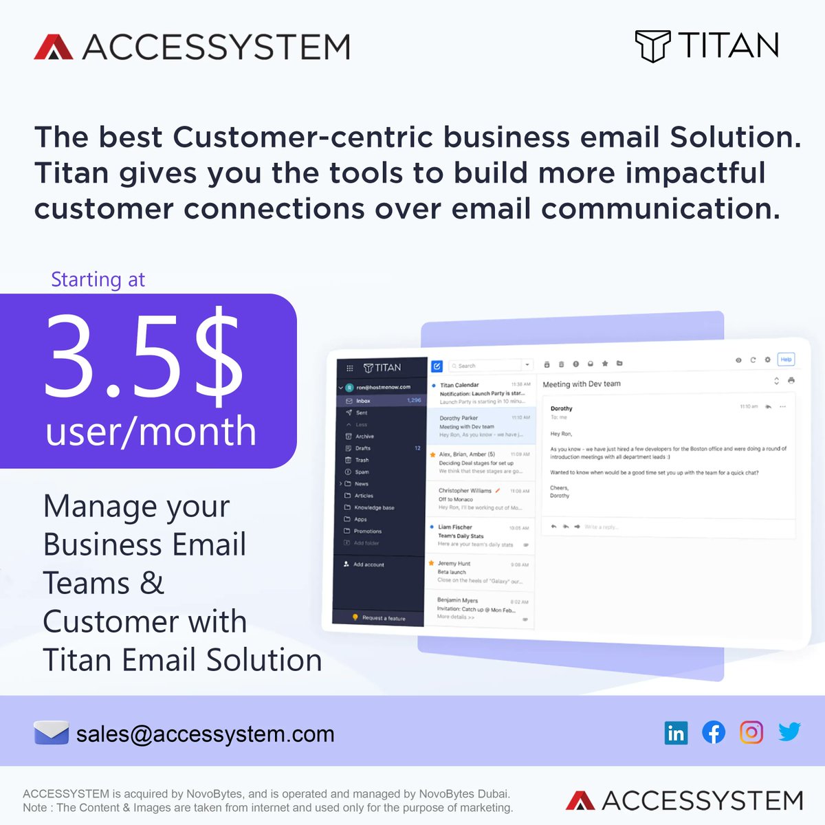 ACCESSYSTEM_IT's tweet photo. Manage your Business Email, Teams &amp; Customer with Titan Email Solution
Get the best eMail Solution &amp; Services with ACCESSYSTEM.
Sales : sales@accessystem.com
#Email #TitanEmail #BusinessEmail #EmailSolution #EmailServices #EmailHosting #EmailSecurity #EmailMigration #ACCESSYSTEM https://t.co/5NLizLxbCS