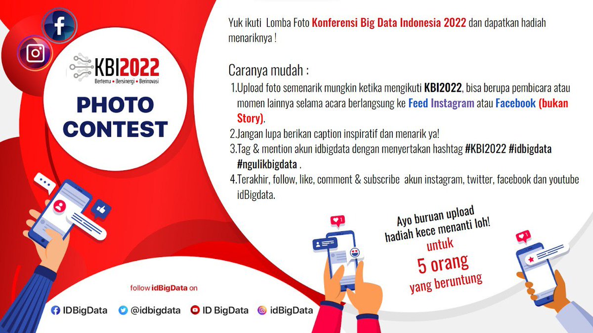 idBigData's tweet photo. Yuk yang belum ikut Photo Contest KBI2022 jangan lupa akan ditutup jam 13.30 ya! 

#KonferensiBigDataIndonesia2022 #KBI2022 #idBigdata #BigData #ngulikbigdata https://t.co/D38BdLWMUC