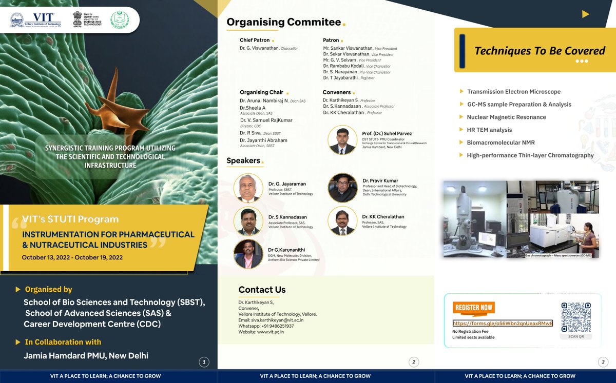 dststuti's tweet photo. VIT in collaboration with Jamia Hamdard is conducting DST STUTI Hands On Training on "Instrumentation for Pharmaceutical &amp; Nutraceutical Industries" from 13th - 19th October 2022. Last date for Registration is 5th Oct 2022
 pls visit : https://t.co/EFF7BbbEh6 https://t.co/fXqZ6VocLu