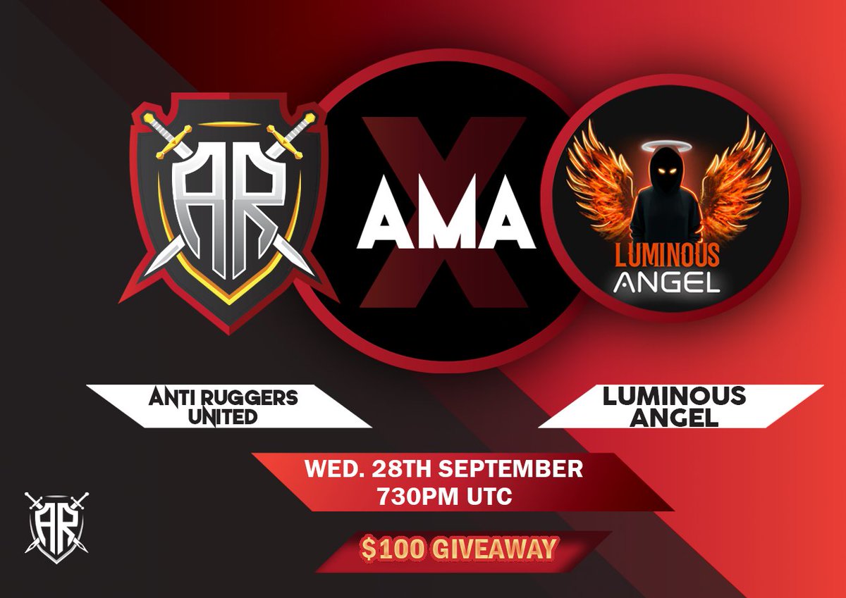 AntiRuggers's tweet photo. Anti Ruggers United is pleased to bring you another AMA!

Where: https://t.co/KcOqBBmGMM

Project: Luminous Angel Token
TG: https://t.co/HkeP769PbU
Website: https://t.co/3xzleLdI1k
Time: Wednesday, 09/28/2022 at 7:30PM UTC

Join the AMA for a chance to win $100 BUSD!
#UnbottedAMA https://t.co/92K88w2llO