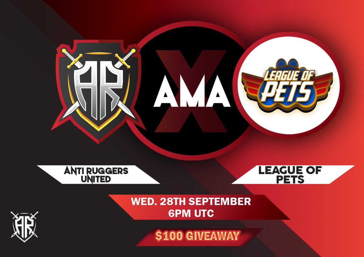 AntiRuggers's tweet photo. Anti Ruggers United is pleased to bring you another AMA!
Where: https://t.co/KcOqBBmGMM
Project: League of Pets
TG: https://t.co/b99Kvr0ICo
Website: https://t.co/4SYRkhfigz
Time: Wednesday, 09/28/2022 at 6:00PM UTC
Join the AMA for a chance to win $100 BUSD!
#UnbottedAMA #BSC https://t.co/dDWPo12L0d