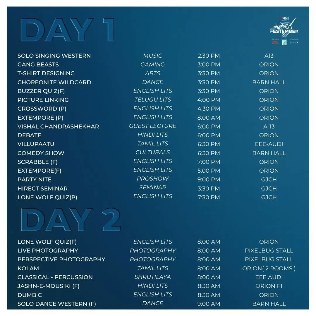 festember's tweet photo. Every edition of #festember is defined by its array of exciting #events, #proshows, #workshops and #guest lectures. Check all of them out and #plan your #sojourn into the Sunken Paradise, for the #schedule of Festember'22 is here! https://t.co/N2kMh71EKF