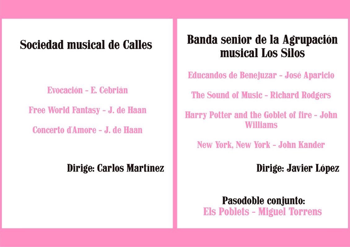 🔜🎷😃

Este domingo os esperamos en la Casa de la Cultura con l@s amig@s de la Banda Senior de la Sociedad Musical de Calles 😎