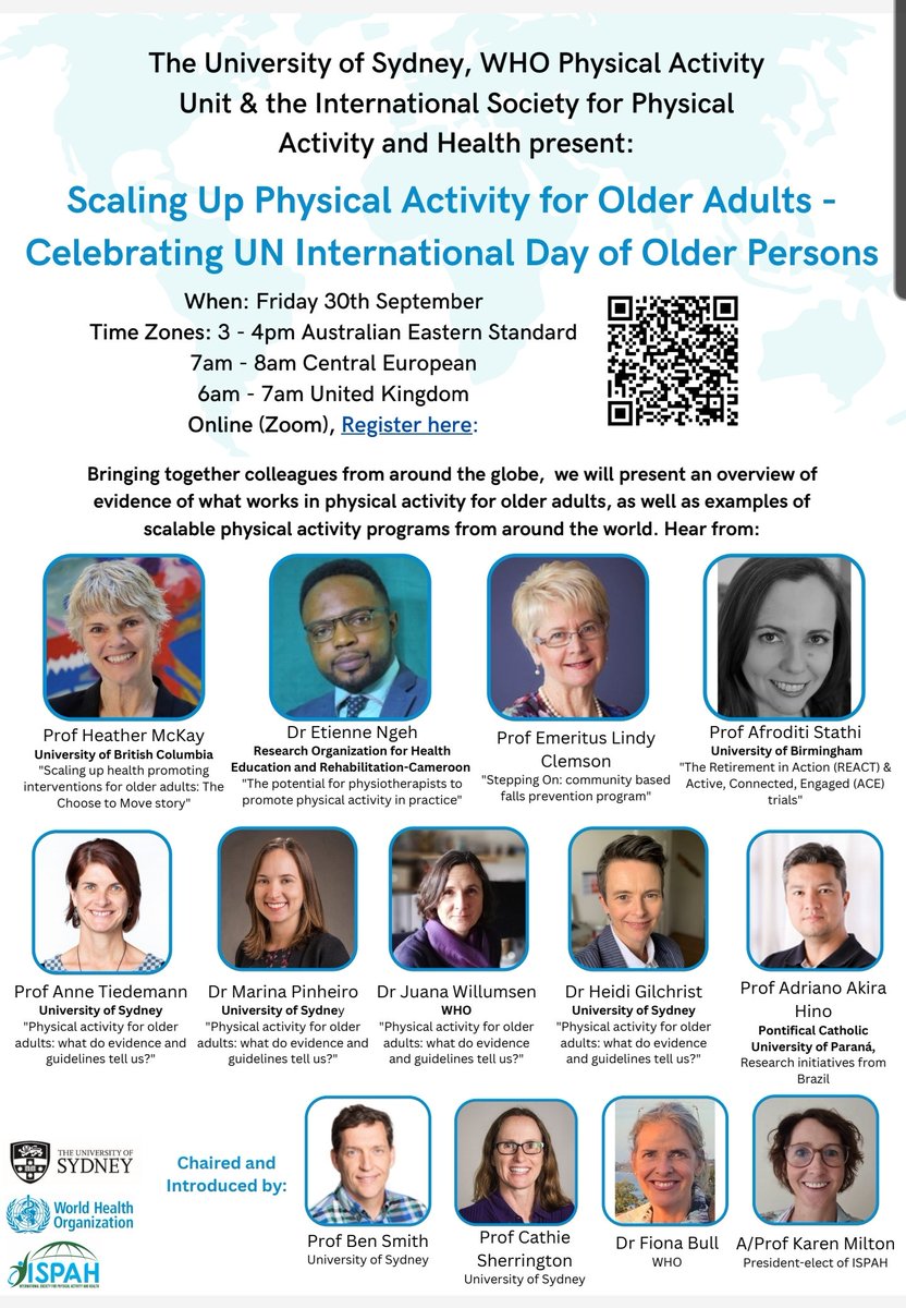 Institute for Musculoskeletal Health (@msk_health) on Twitter photo TOMORROW: Scaling Up #PhysicalActivity for Older Adults webinar!
Hear from experts from around the globe about what works in PA for older people.
Register to watch live/receive the recording: eventbrite.com.au/e/scaling-up-p…
<a href="/CathieSherr/">Prof Cathie Sherrington</a>
<a href="/AnneTiedemann1/">Prof Anne Tiedemann</a>
<a href="/mabpinheiro/">Marina Pinheiro</a> <a href="/heidigilchrist/">Heidi Gilchrist</a> TOMORROW: Scaling Up #PhysicalActivity for Older Adults webinar!
Hear from experts from around the globe about what works in PA for older people.
Register to watch live/receive the recording: eventbrite.com.au/e/scaling-up-p…
<a href="/CathieSherr/">Prof Cathie Sherrington</a>
<a href="/AnneTiedemann1/">Prof Anne Tiedemann</a>
<a href="/mabpinheiro/">Marina Pinheiro</a> <a href="/heidigilchrist/">Heidi Gilchrist</a>