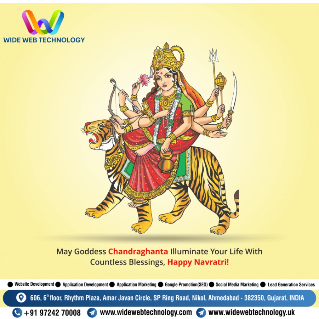widewebtechno's tweet photo. Day 3 Goddess Chandraghanta is worshipped on the third day of #Navratri. She is the married form the Goddess Parvati. After getting married to Lord Shiva Goddess Mahagauri started adorning her forehead with half Chandra and due to which Parvati was known as Goddess Chandraghanta. https://t.co/7V0DQpiVYm