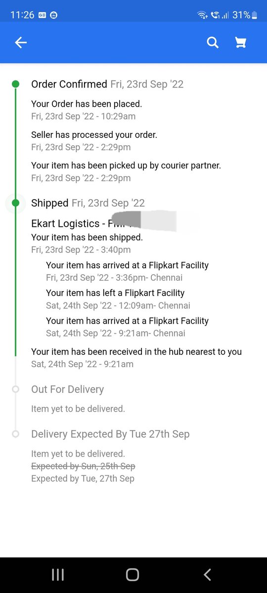 sushant_mohan's tweet photo. @FlipkartStories @Flipkart And the worst part is that the order has been lying at the nearest hub for the past 4 days with no updates (sigh). On @amazonIN I typically get a same day delivery for most products whereas @Flipkart is struggling for 4 days to deliver a product from the nearest hub :D https://t.co/P5R2p3cjMz