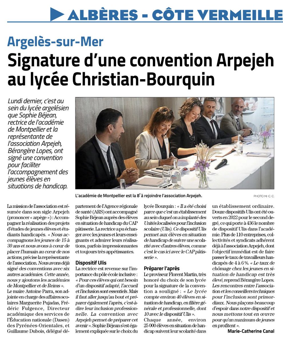 LyceeBourquin's tweet photo. Retour dans @lindependant sur la venue de Mme la rectrice @sophiebejean @acmontpellier pour la signature de convention avec @Arpejeh 
#inclusion #ecoleinclusive #excellence #voieprofessionnelle https://t.co/WOYTcAtAb8
