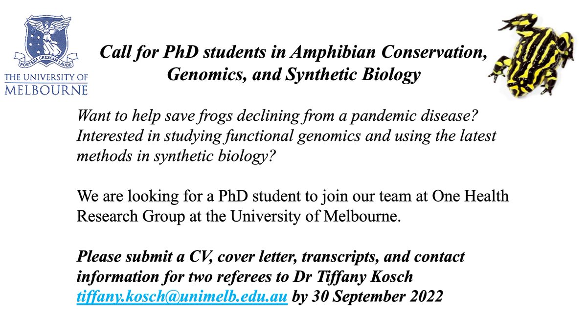 Dr Tiffany Kosch π©βπ¬ π€ΏπΈπ§¬ (@takosch) on Twitter photo There are still a few days left to apply to do a PhD with us at One Health Research Group <a href="/OneHealthRes/">One Health Research</a> at @FVASunimelb at <a href="/UniMelb/">University of Melbourne</a>. This is an excellent opportunity to use the latest technologies to develop solutions for chytridiomycosis πΈππ§¬π©βπ¬π©πΏβπ¬π¨βπ¬π¨πΎβπ¬ There are still a few days left to apply to do a PhD with us at One Health Research Group <a href="/OneHealthRes/">One Health Research</a> at @FVASunimelb at <a href="/UniMelb/">University of Melbourne</a>. This is an excellent opportunity to use the latest technologies to develop solutions for chytridiomycosis πΈππ§¬π©βπ¬π©πΏβπ¬π¨βπ¬π¨πΎβπ¬