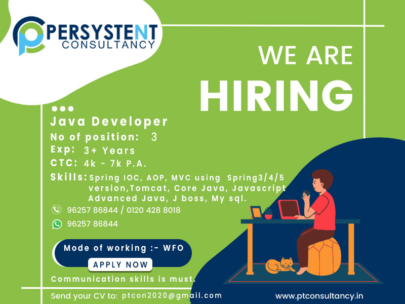 ptconsultancy1's tweet image. Hiring  JAVA Developer
Total Exp:- 3+ years
Salary:- 4 To 7 LPA
Location:- Noida
No of Position:- 3

Key Skills:- Object-Oriented Programming Concepts,Java Build Tools,Java Testing Tools, Web Frameworks
Mail id:- ptcon2020@gmail.com

 #hiringjavadeveloper #developer #sql #html