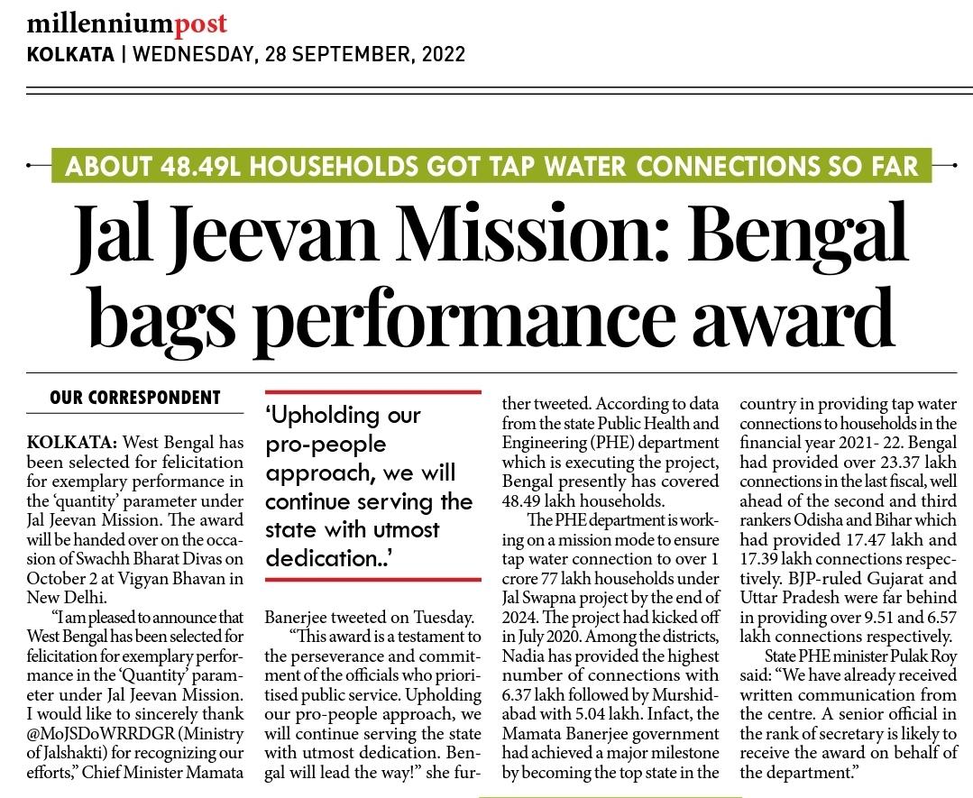 BIJOY_WB's tweet photo. #Bengal is Being Honored for the Good-Work of Central Project
WB-Govt has been Selected for its Significant Contribution to #JalJeevanProject,Hon'ble WB CM @MamataOfficial Tweeted and Congratulated the Bengal's People and all those involved inthe Project
#MamataBanerjee
#WBTMCP https://t.co/Us6Vh6Lzxb