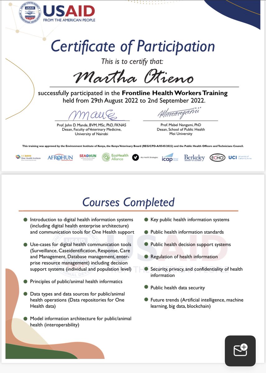 AwinohMartha_K's tweet photo. Very esteemed to have successfully completed the Frontline Health Workers Training by @USAIDKenya at a time when health is going through a significant transformation and in dire need of innovative solutions.The future of health is digital! #digitalstorytelling #HealthStrategist https://t.co/bItsPfVFb6