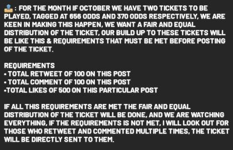 Mayxtreme's tweet photo. | SCHEDULED TICKET FOR THE MONTH OF OCTOBER
___________________________________________
I'll drop the first game if the conditions are complete https://t.co/euUB1luhO6