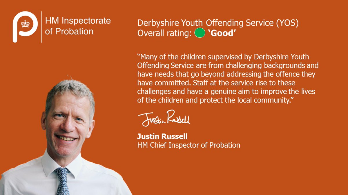 HMIProbation's tweet photo. Chief Inspector Justin Russell sums up our inspection of youth offending services in Derbyshire. Read the full report: https://t.co/ZOppzbf67h https://t.co/gKrXDxVM66