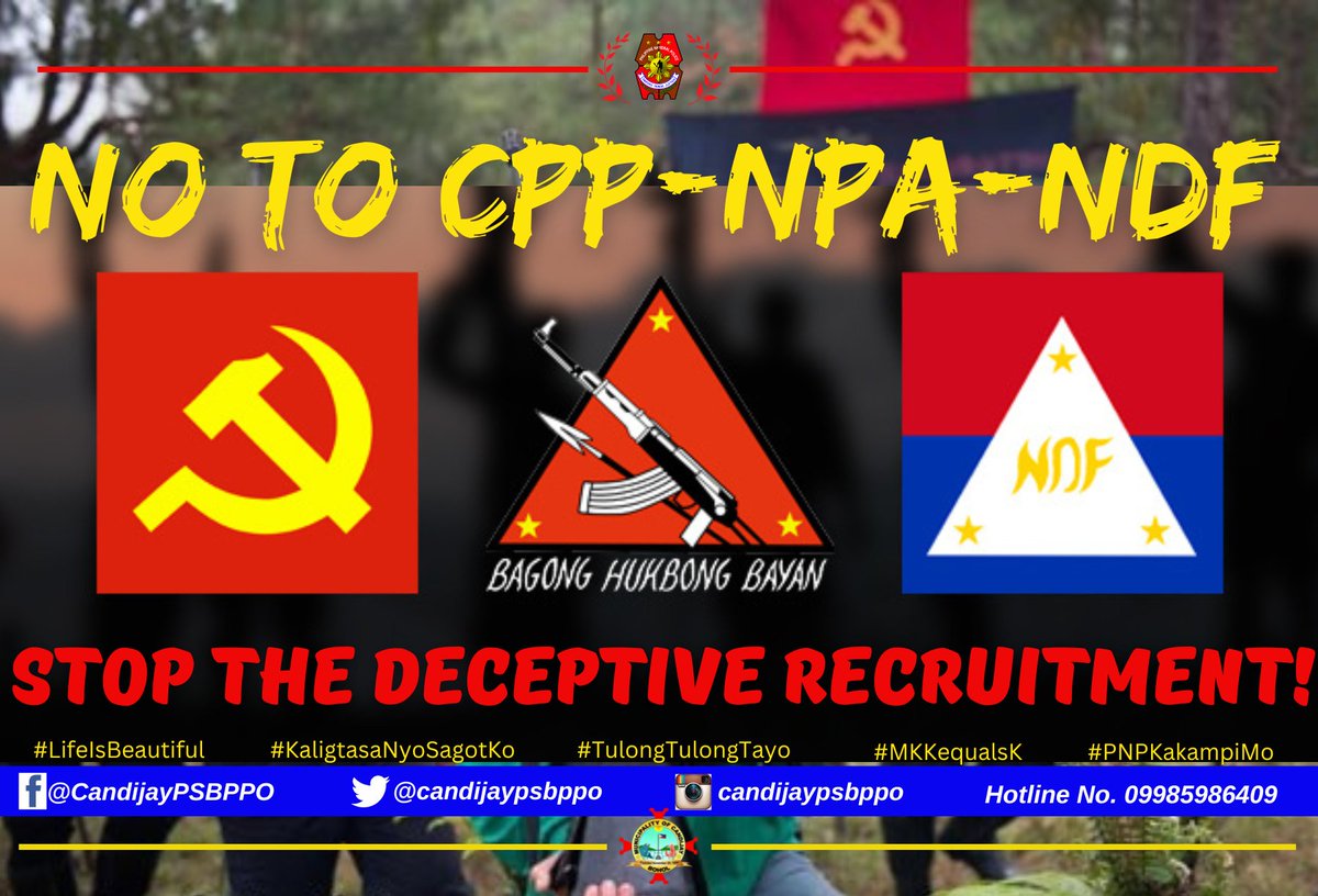 candijaypsbppo's tweet photo. STOP TERRORISM!
NO TO CPP-NPA-NDF!

#TeamPNPCandijay
#LifeIsBeautiful
#KaligtasaNyoSagotKo
#TulongTulongTayo
#MKKequalsK
#PNPKakampiMo
#StopTerrorism https://t.co/KPlRz4TAjn