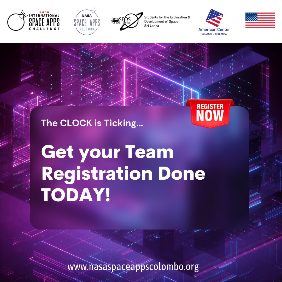 SpaceAppsLK's tweet image. The Clock is Ticking ⏰
Have you not registered your team Yet?
Hurry up &amp;amp; get registered at here - 2022.spaceappschallenge.org/locations/colo…
Submit your team ✅
Ready to Compete 🤝🏻
&amp;amp;
Win amazing local awards🏆 

Happy Hacking!!!
#SpaceApps #Colombo #SEDSSL