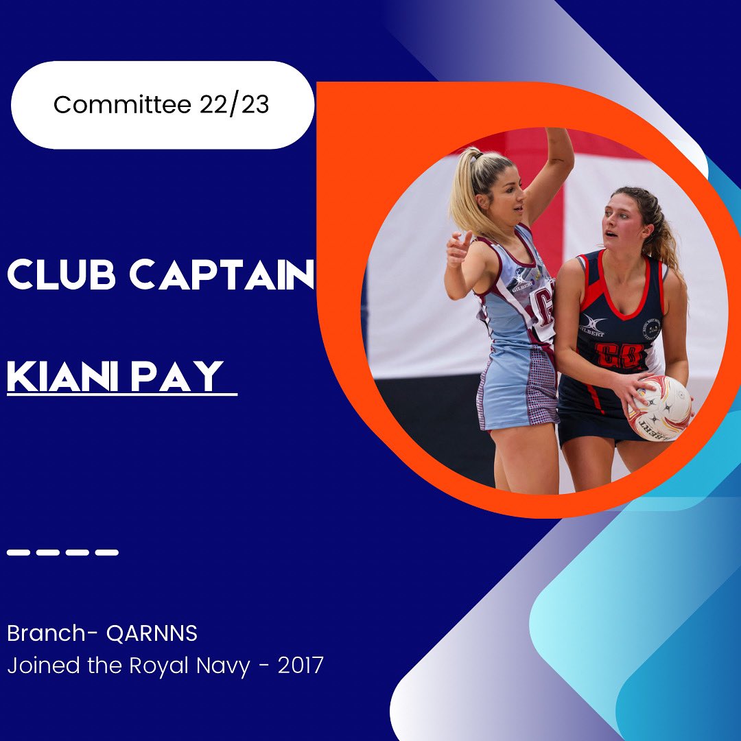 Your Royal Navy Netball Club Captain… Kiani Pay 💙 A proud member of the Queen Alexandra Royal Naval Nursing Service, Kiani joined the Navy on completion of her nursing degree and has represented the RNNA ever since. Favourite position- GD Best netball memory - Barbados 2019