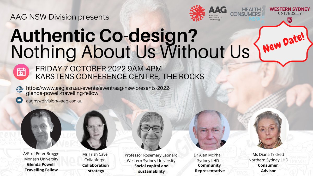 Think you know about 'co-design' in health &amp; aged care? Join our <a href="/gerontologyau/">AAG</a> Sydney workshop Friday 7 Oct with @BraggePeter of <a href="/BehaviourWorksA/">BehaviourWorks Australia</a> &amp; Trish Cave of <a href="/Collabforge/">Collabforge</a> -the real deal! bit.ly/Co-design <a href="/jsiette/">A/Prof Joyce Siette</a> <a href="/nswaci/">NSW Agency for Clinical Innovation</a> <a href="/HCNSW/">Health Consumers NSW</a> <a href="/CHFofAustralia/">Consumers Health Forum of Australia</a> <a href="/age_no_barrier/">OWN NSW</a>