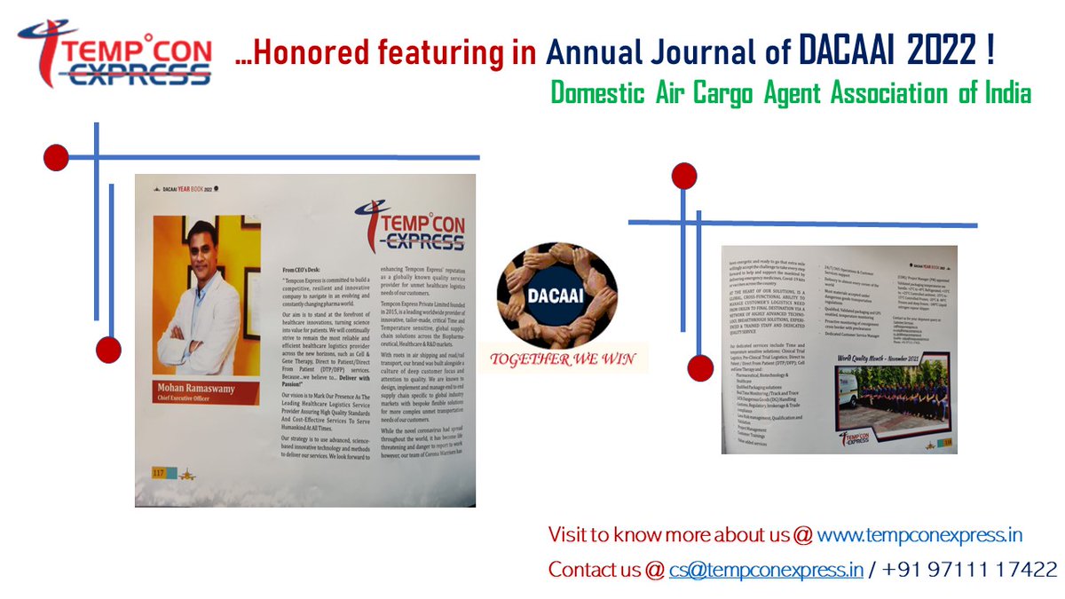 TempconExpress's tweet photo. #Tempcon #Express honored to be #featured in the prestigious #annual #journal of -
#DACCAI #2022 (#Domestic #Air #Cargo #Agents #Association) #India https://t.co/5OJ45wg1eL