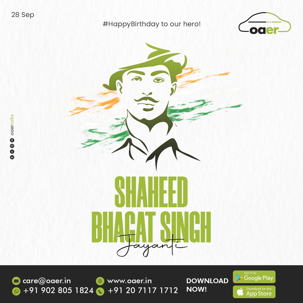 OaerCabs's tweet photo. Inqilab Zindabad! We can’t forget the slogan that gave millions of people hope for freedom. Remembering Bhagat Singh on his birth anniversary!

-
Oaer - Book a Cab https://t.co/Nb0CIlFWHS