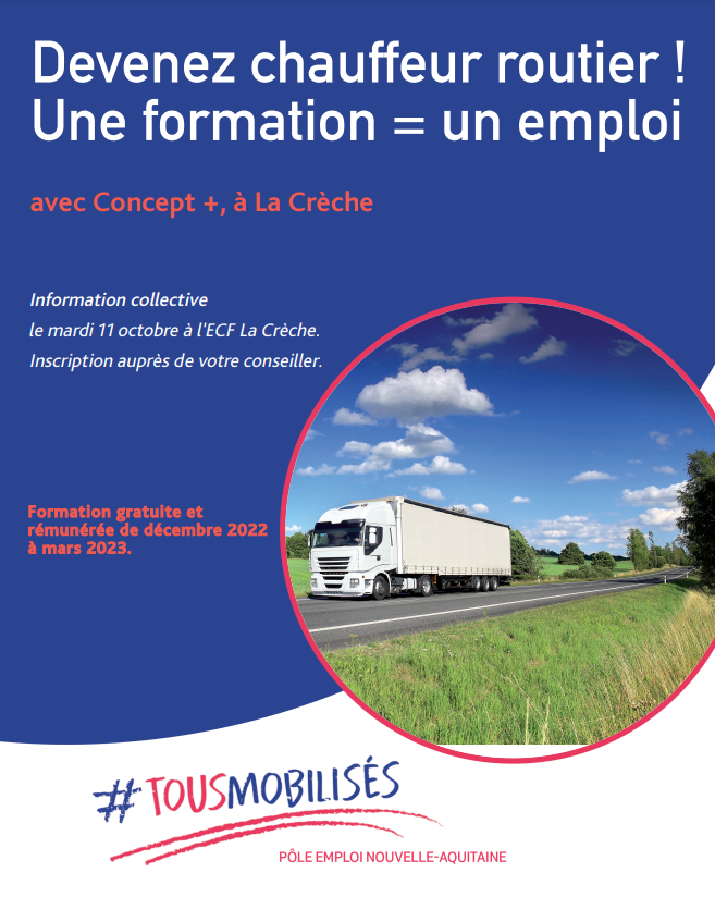 🚨 #Recrutement 
Le #transport vous intéresse ? Devenez chauffeur routier 🚛 pour Concept+ à La Crèche.
➡️ Info. collective le 11/10
➡️ Sélection par la #MRS
➡️ Formation de 4 mois
➡️ Contrat avec l'entreprise.
Inscription auprès de votre conseiller.
#TousMobilisés #DeuxSèvres