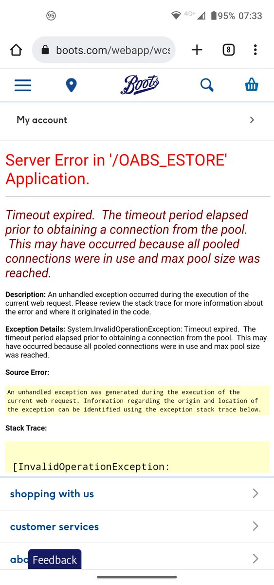 SPearson's tweet photo. Hello @BootsHelp 
Trying to book a flu vaccine appointment and your system keeps timing out at the "find a store" stage.
(Also, your system really shouldn't be displaying these detailed error pages to the public.) https://t.co/u8YZNrB4bu