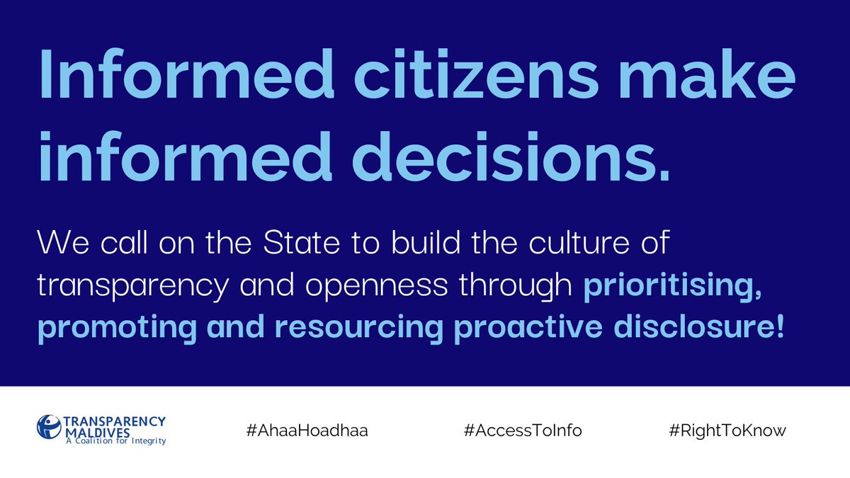 TransparencyMV's tweet photo. As we mark #AccessToInfo day, join us in calling on @governmentmv to dismantle the culture of secrecy through 𝐩𝐫𝐢𝐨𝐫𝐢𝐭𝐢𝐬𝐢𝐧𝐠, 𝐩𝐫𝐨𝐦𝐨𝐭𝐢𝐧𝐠 𝐚𝐧𝐝 𝐫𝐞𝐬𝐨𝐮𝐫𝐜𝐢𝐧𝐠 #ProactiveDisclosure!
#AhaaHoadhaa @ICOMmv @governmentmv https://t.co/pqjYQ7OgPT
