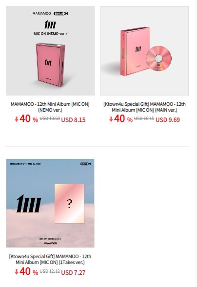 MamamooCharts's tweet photo. #Ktown4u x @MamamooCharts 

Get 40% off on all versions of @RBW_MAMAMOO's 12th Mini Album "MIC ON" with our link! The pre-order benefit is included in the MAIN ver. &amp; 1Takes ver. 

🔗 https://t.co/dWAKew68jy

🏁2,000 copies - Ktown4u website ad
🏁3,000 copies - CM Board subway ad https://t.co/FqYWRlPwJY