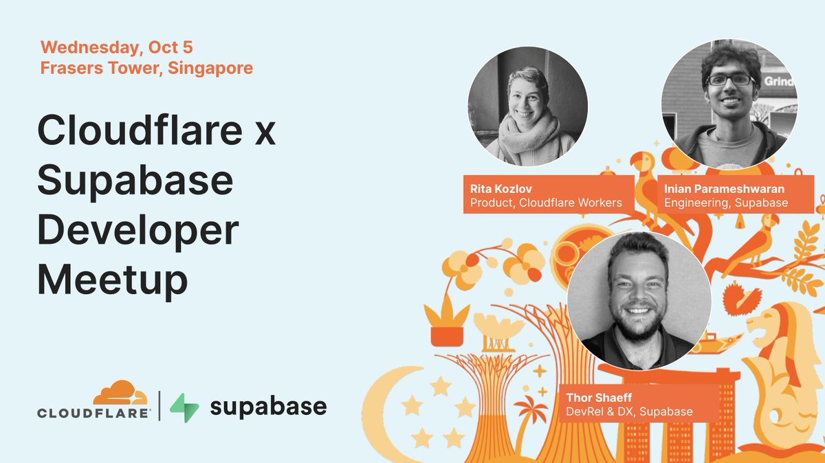 Hello Singapore Devs! 👋🇸🇬 We’re excited to partner with @Supabase for our upcoming meetup. Join @ritakozlov_ @everConfusedGuy and @thorwebdev for talks, pizza, drinks, and great community chats. Wednesday, Oct 5 6-9pm Frasers Tower, Singapore Sign up 👇meetup.com/singapore-js/e…