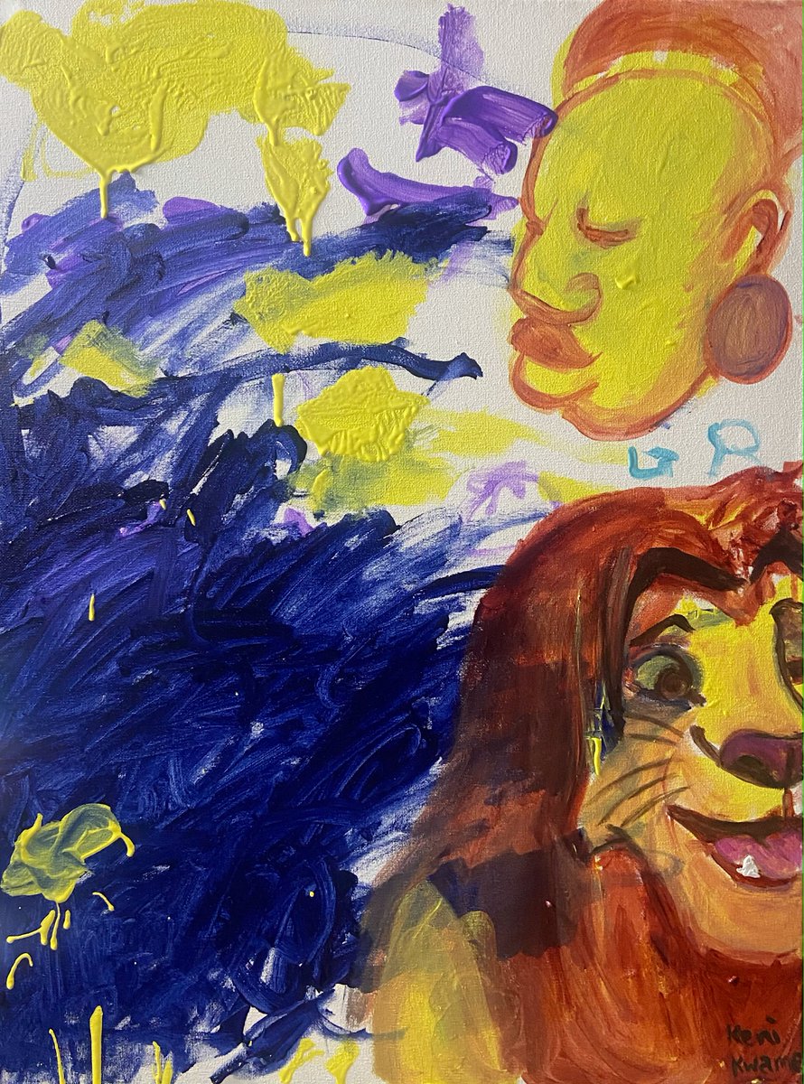 kwam3_'s tweet photo. It's here! My first collab with my nephew Keni is minted. This painting happened like how most of Keni's work typically does, he bombards me in the studio asking to paint with me 😂

Lion King II &amp; The Mask
5/6 editions 
0.07 ETH

https://t.co/e6zuY0RZPs https://t.co/JzQCA5B7hW