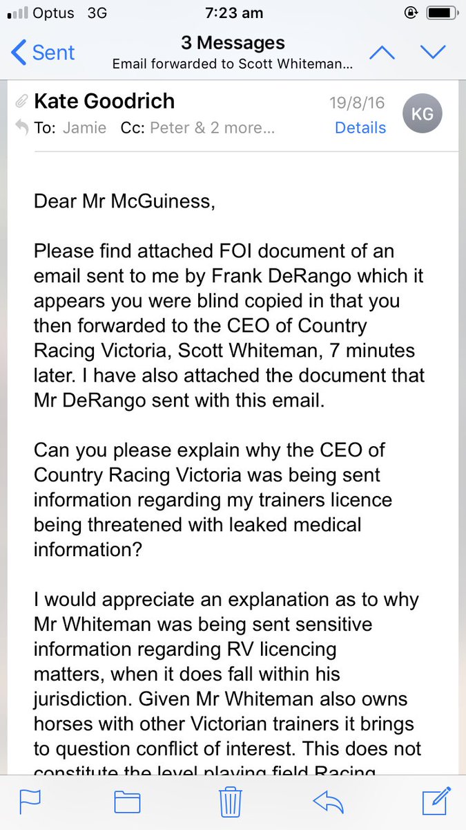 kategoodrich's tweet photo. Another email that I sent to Jamie McGuiness at RV no less than 4 TIMES with NO RESPONSE received @acxjones @ACarbinesMP re docs obtained via FOI
It was titled “Email forwarded to Scott Whiteman 20-2-14”
This is not an industry run with integrity.
#Notoneday
#Strongertogether https://t.co/eUNp23dT79