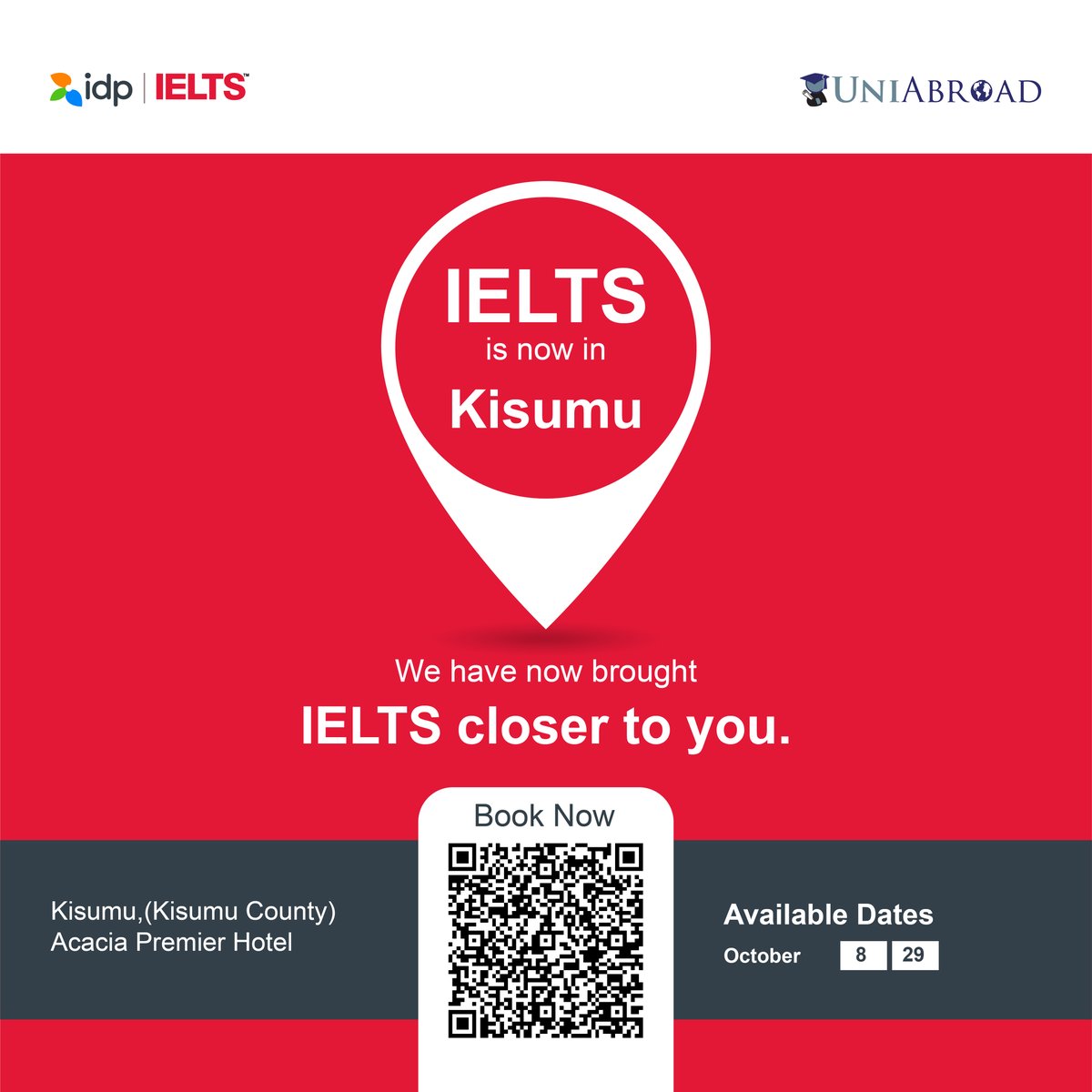 IeltsKenya's tweet photo. IELTS is now close to you! Book your test in Kisumu and Eldoret. 

Check the dates for October  and get started visit https://t.co/wslML5XZ0g today

 #IELTS #IELTSTest #IELTSBooking https://t.co/uHWDILjVId