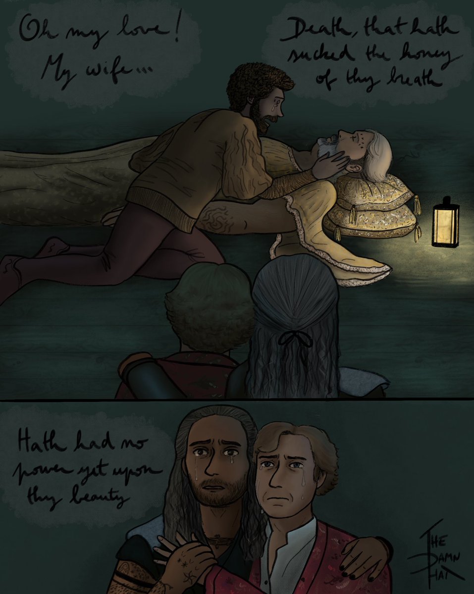 TheDamnHatArt's tweet photo. Here’s my art for the #ofmdbb2022 !!! 
I was paired with the fantastic @waterofthemoon to illustrate her ff, And What Obscured in This Fair Volume Lies! This took me nearly 12h lol but I rlly loved to experiment! #blackbonnet #gentlebeard 
https://t.co/olvY0dZ9sF https://t.co/8ZJzqPbFcC