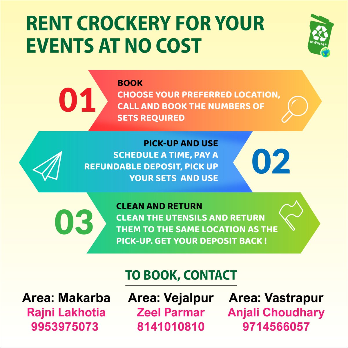 InWasterCo's tweet photo. Your #Navratri #celebrations can now be #wastefree by refusing disposable wares #notrash. Introducing #Inwaster’s newest initiative in contributing towards a #swachhbharat Rent-A-Crockery Ahmedabad which offers reusable crockery for your parties & functions at #nocost. #3locatns https://t.co/GhP1B0KfS1